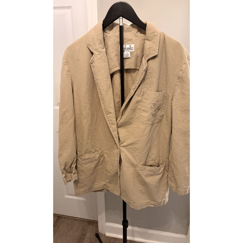 Vintage 90s Rafaella Linen Linen Blend Crest Blazer Jacket Tan 12 Preppy EUC